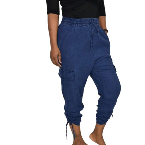 Zara Cargo Pants Blue High Waisted Ruched Crop Jogger Elastic Linen Size Small - Picture 8 of 14